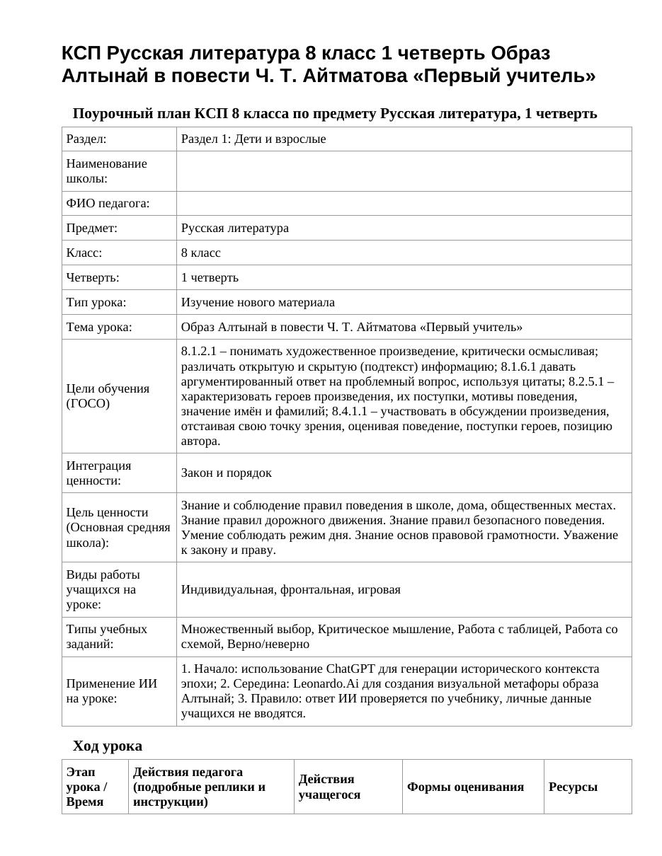 КСП Русская литература 8 класс 1 четверть Образ Алтынай в повести Ч. Т. Айтматова «Первый учитель»