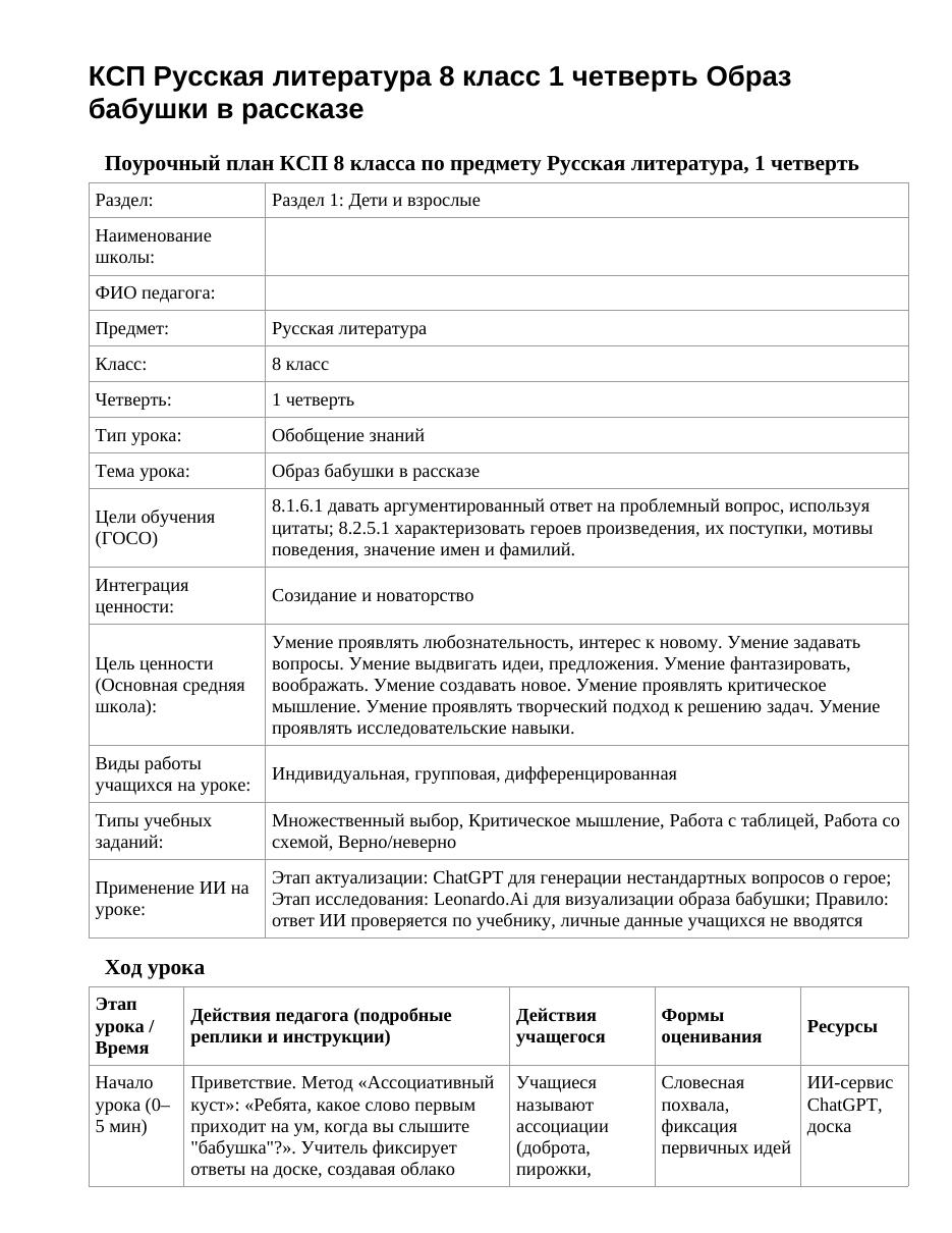 КСП Русская литература 8 класс 1 четверть Образ бабушки в рассказе