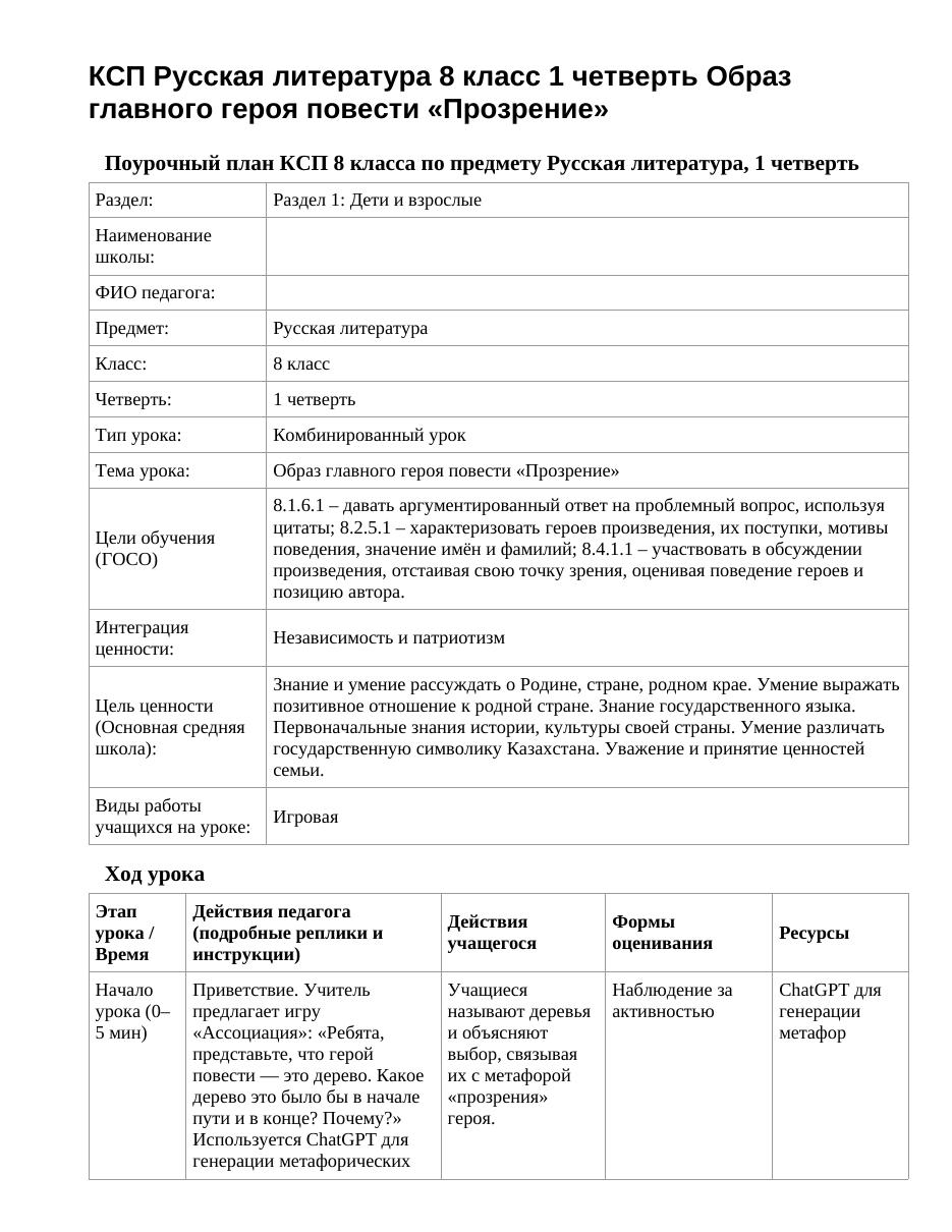 КСП Русская литература 8 класс 1 четверть Образ главного героя повести «Прозрение»