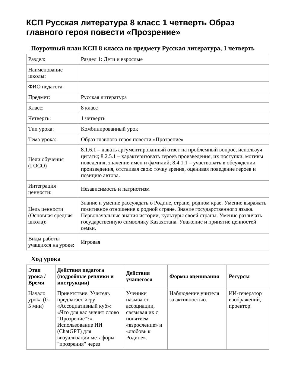 КСП Русская литература 8 класс 1 четверть Образ главного героя повести «Прозрение»