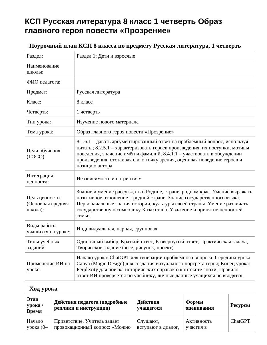 КСП Русская литература 8 класс 1 четверть Образ главного героя повести «Прозрение»