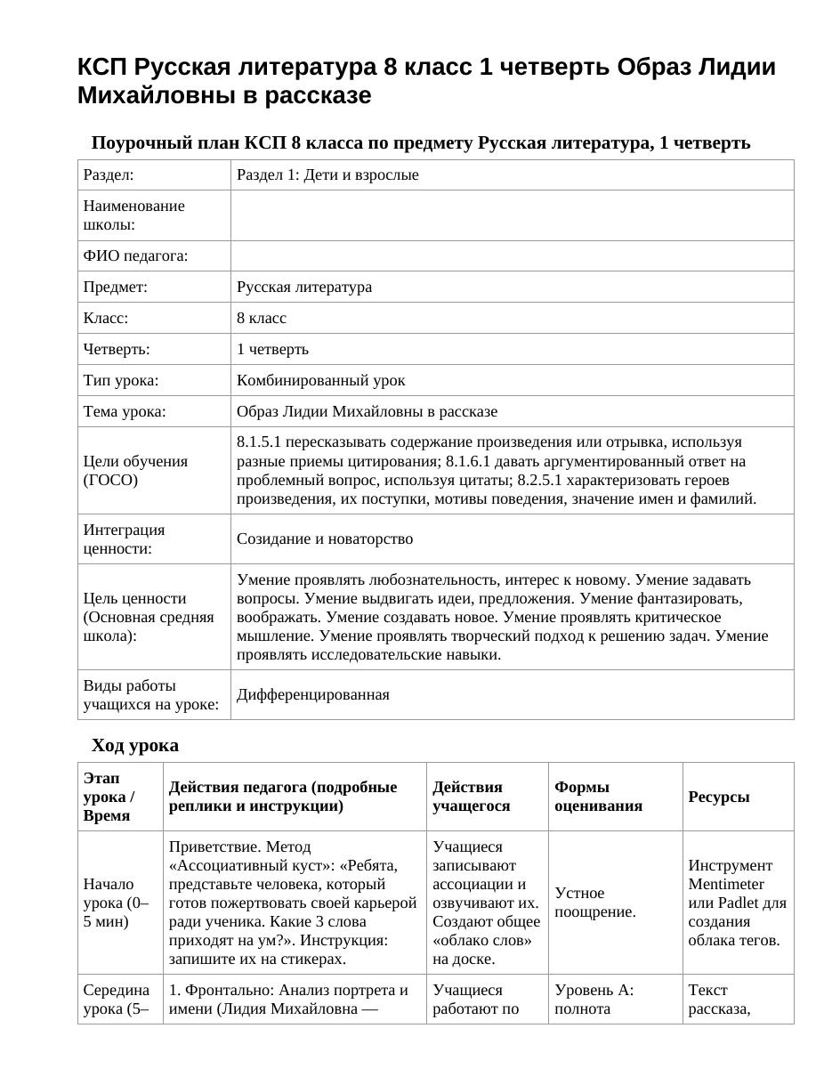 КСП Русская литература 8 класс 1 четверть Образ Лидии Михайловны в рассказе