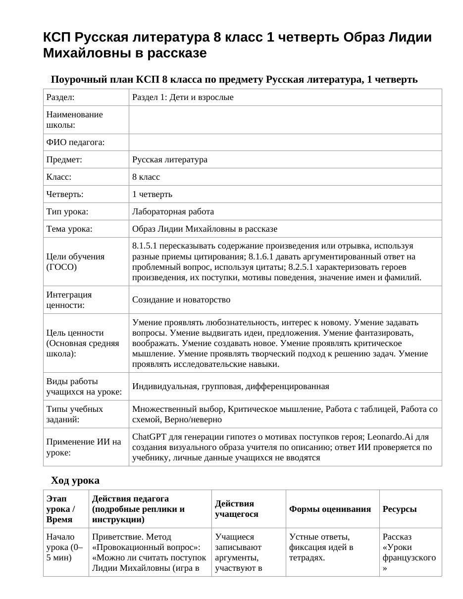 КСП Русская литература 8 класс 1 четверть Образ Лидии Михайловны в рассказе