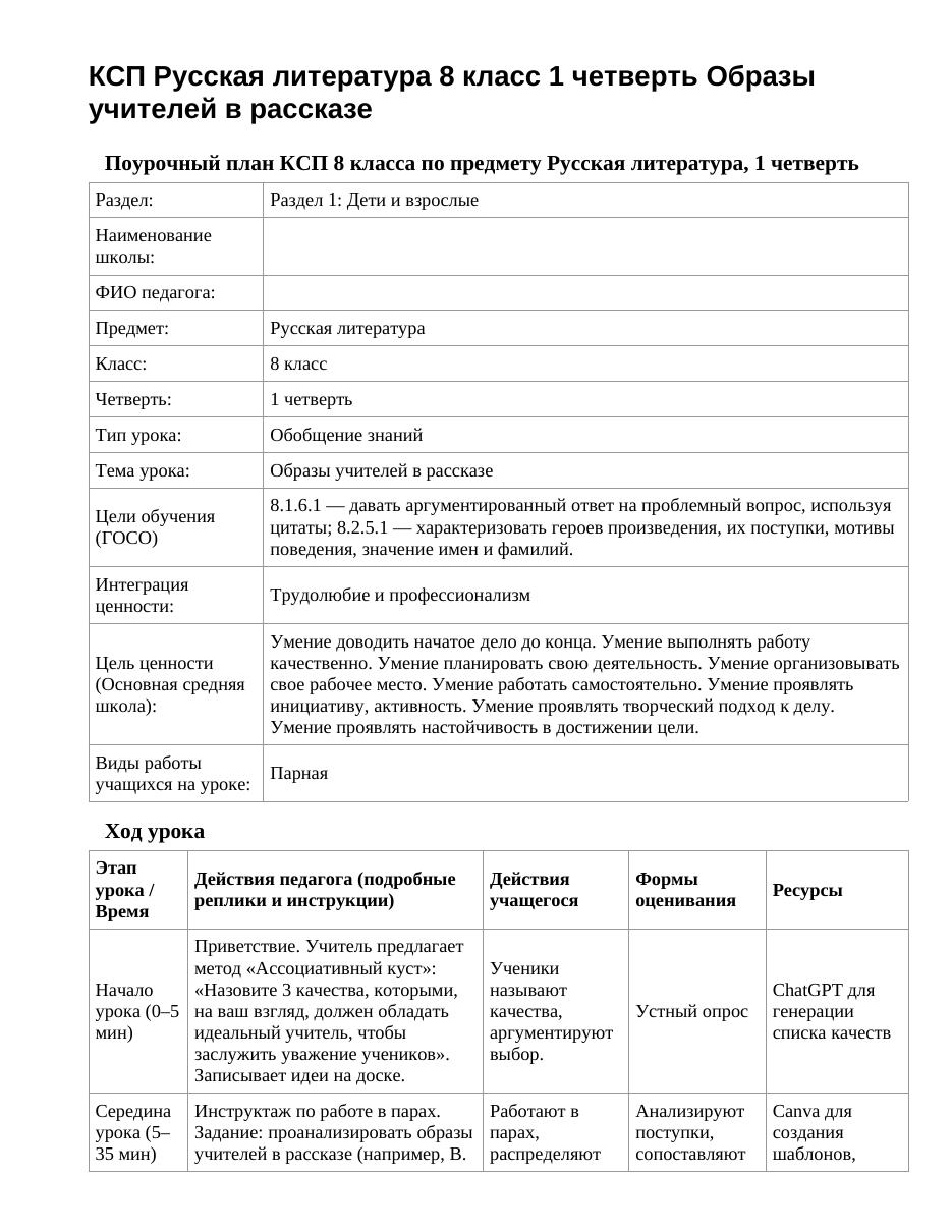 КСП Русская литература 8 класс 1 четверть Образы учителей в рассказе