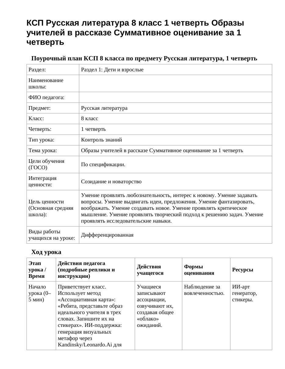 КСП Русская литература 8 класс 1 четверть Образы учителей в рассказе Суммативное оценивание за 1 четверть