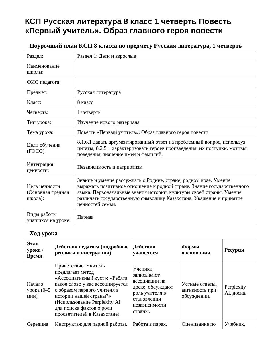 КСП Русская литература 8 класс 1 четверть Повесть «Первый учитель». Образ главного героя повести