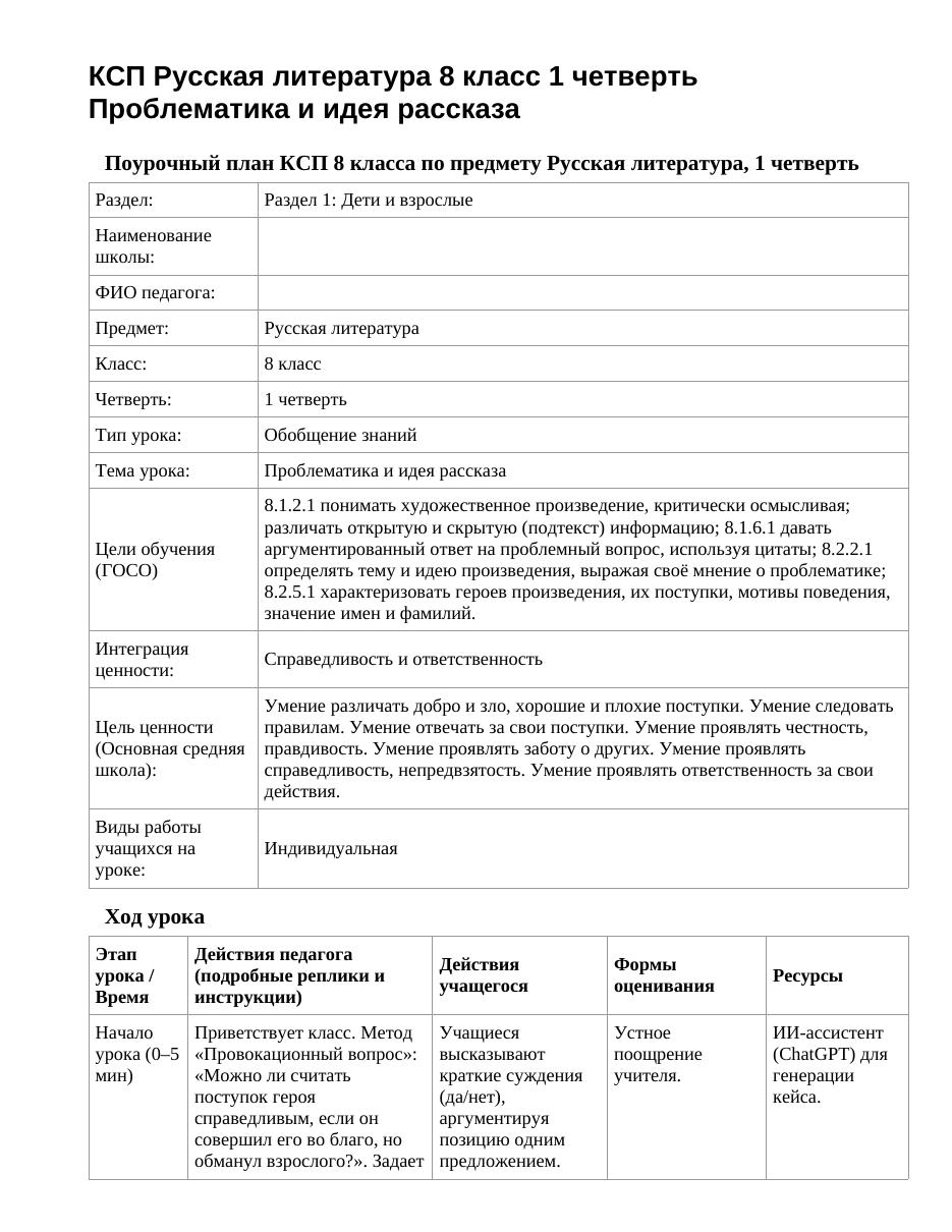 КСП Русская литература 8 класс 1 четверть Проблематика и идея рассказа