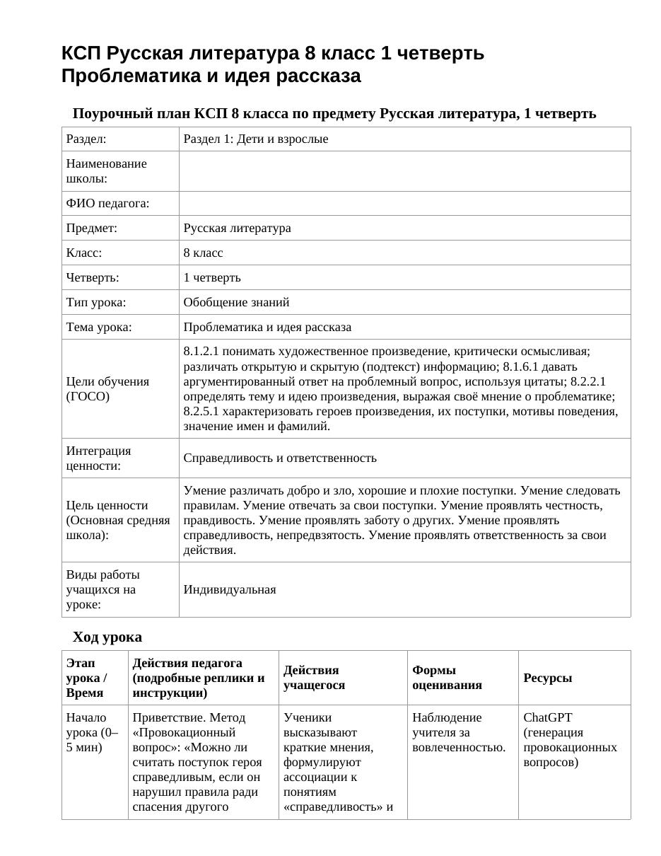 КСП Русская литература 8 класс 1 четверть Проблематика и идея рассказа