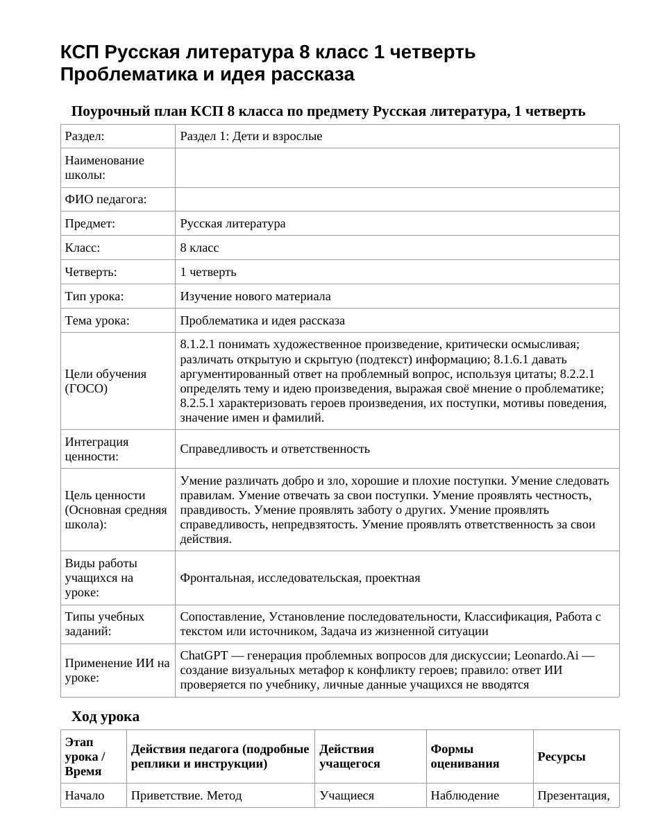 КСП Русская литература 8 класс 1 четверть Проблематика и идея рассказа