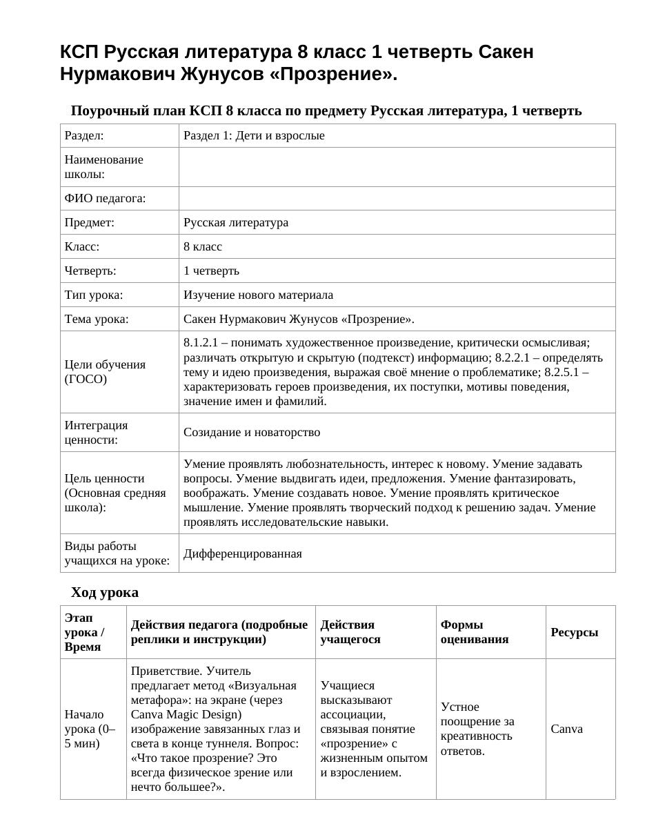 КСП Русская литература 8 класс 1 четверть Сакен Нурмакович Жунусов «Прозрение».