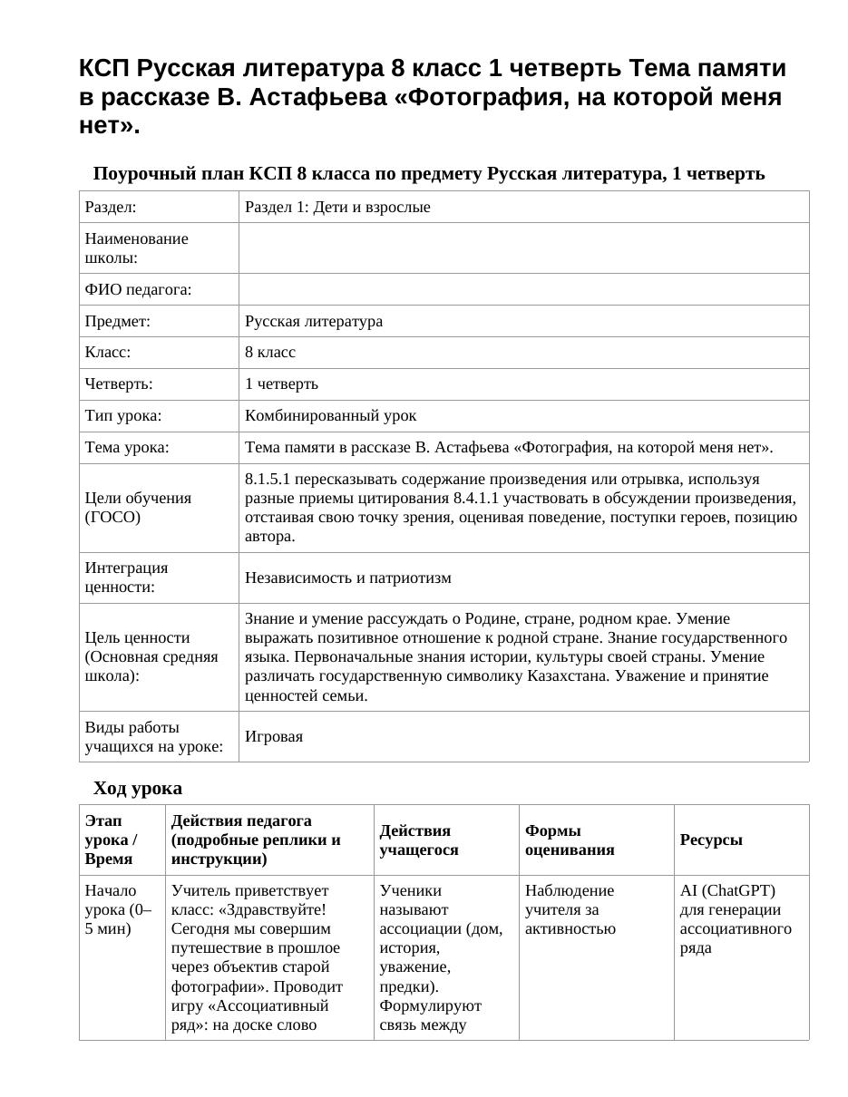 КСП Русская литература 8 класс 1 четверть Тема памяти в рассказе В. Астафьева «Фотография, на которой меня нет».