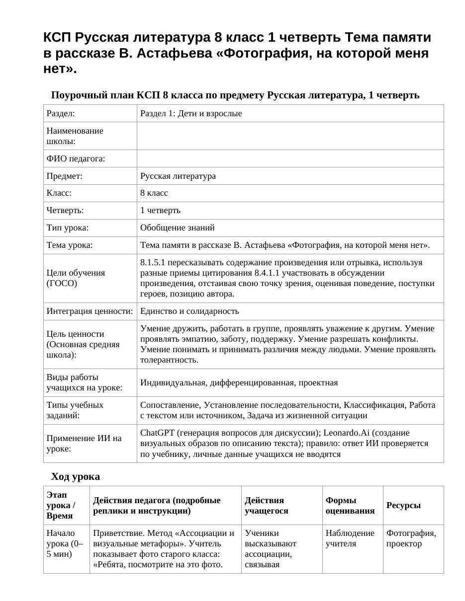 КСП Русская литература 8 класс 1 четверть Тема памяти в рассказе В. Астафьева «Фотография, на которой меня нет».