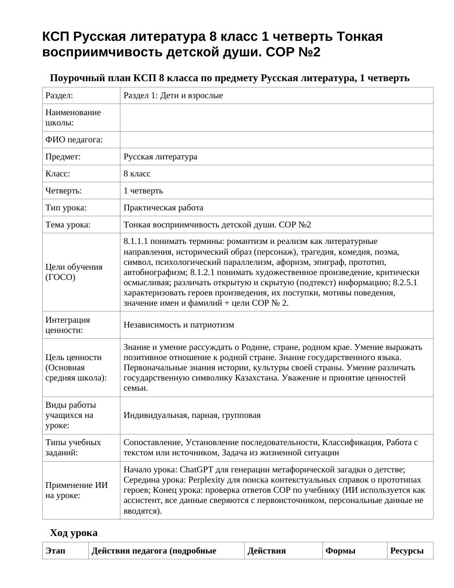 КСП Русская литература 8 класс 1 четверть Тонкая восприимчивость детской души. СОР №2