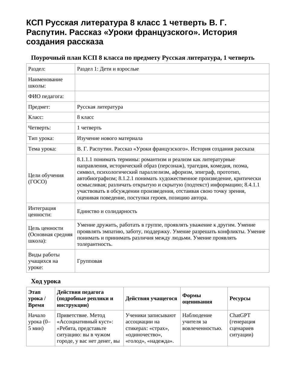 КСП Русская литература 8 класс 1 четверть В. Г. Распутин. Рассказ «Уроки французского». История создания рассказа