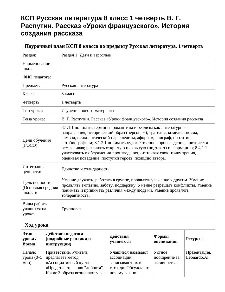 КСП Русская литература 8 класс 1 четверть В. Г. Распутин. Рассказ «Уроки французского». История создания рассказа