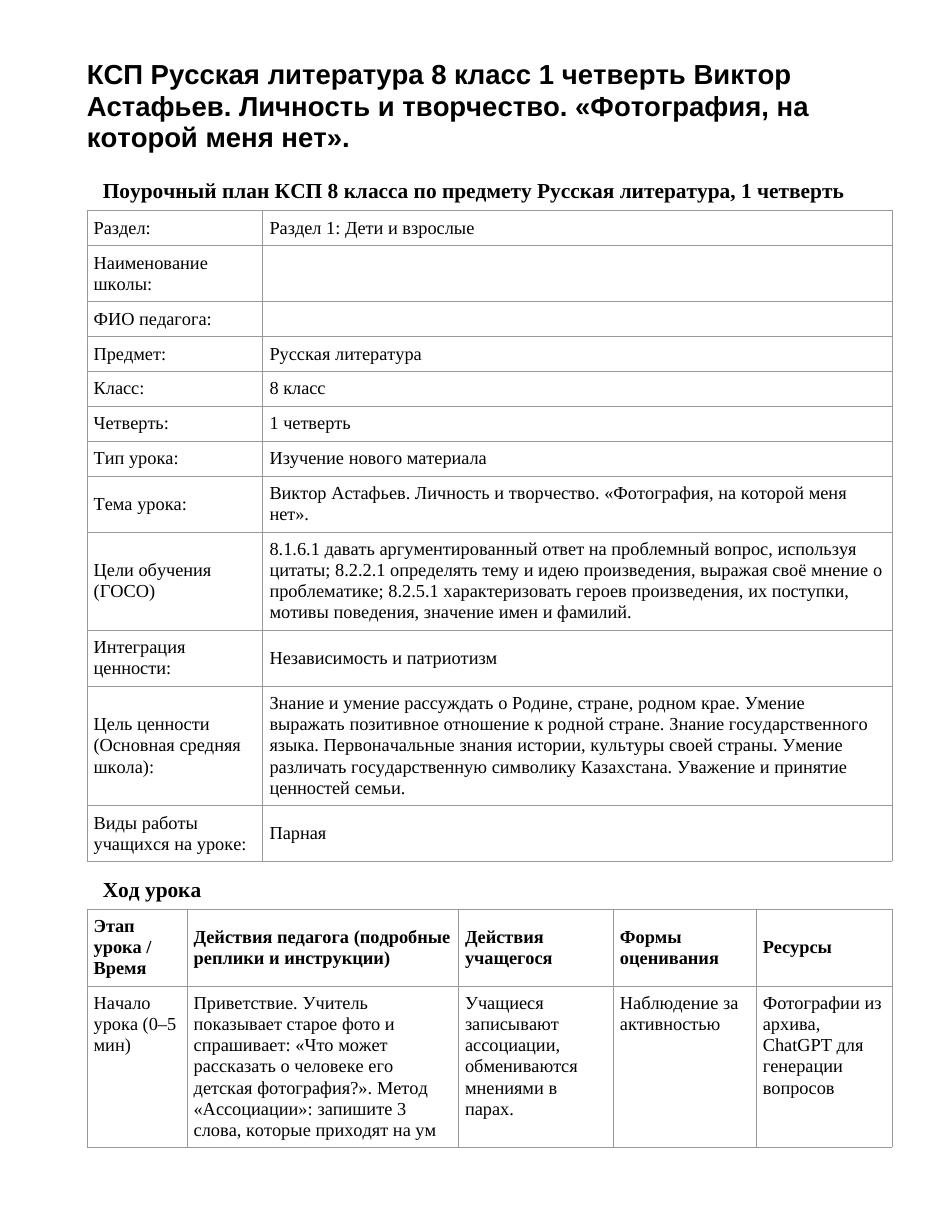 КСП Русская литература 8 класс 1 четверть Виктор Астафьев. Личность и творчество. «Фотография, на которой меня нет».
