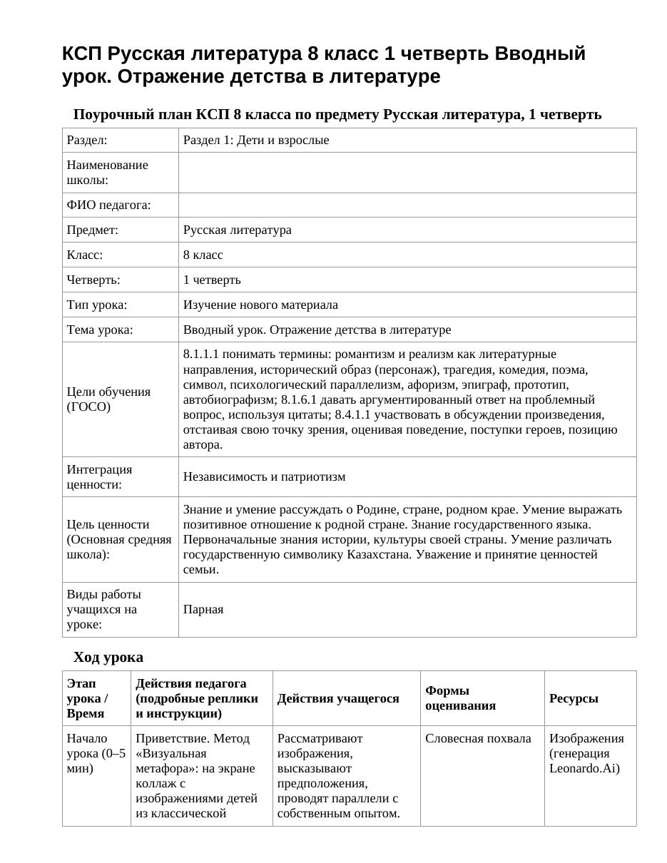 КСП Русская литература 8 класс 1 четверть Вводный урок. Отражение детства в литературе