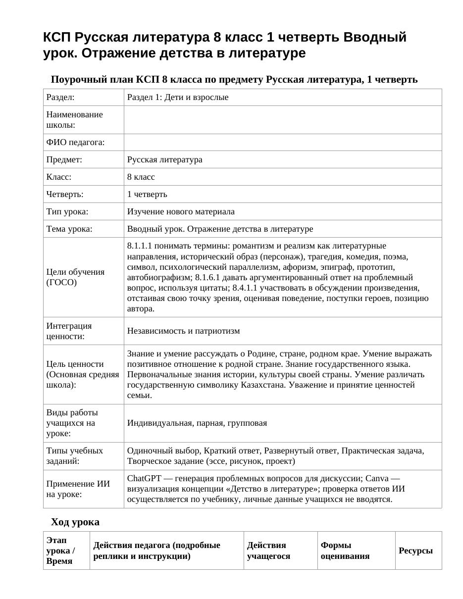 КСП Русская литература 8 класс 1 четверть Вводный урок. Отражение детства в литературе