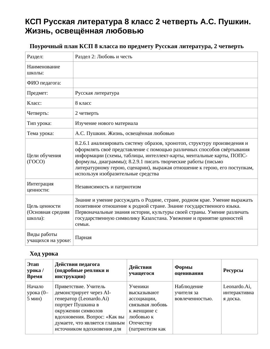 КСП Русская литература 8 класс 2 четверть А.С. Пушкин. Жизнь, освещённая любовью