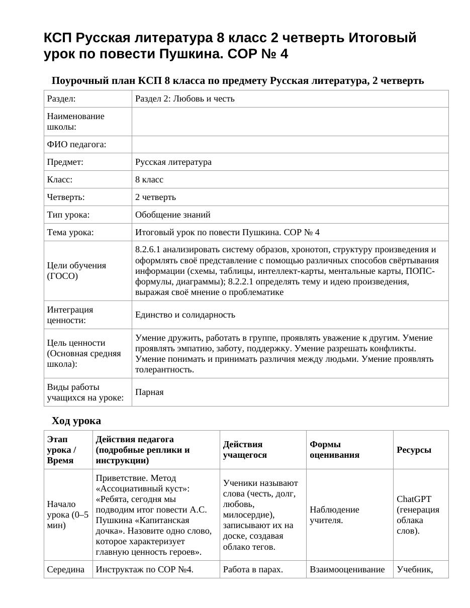 КСП Русская литература 8 класс 2 четверть Итоговый урок по повести Пушкина. СОР № 4