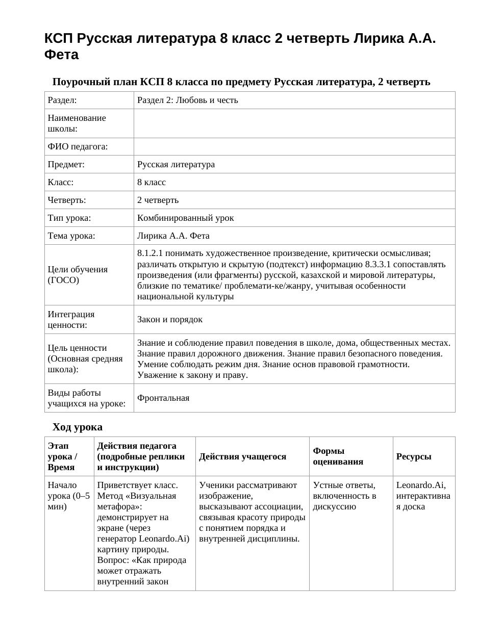 КСП Русская литература 8 класс 2 четверть Лирика А.А. Фета