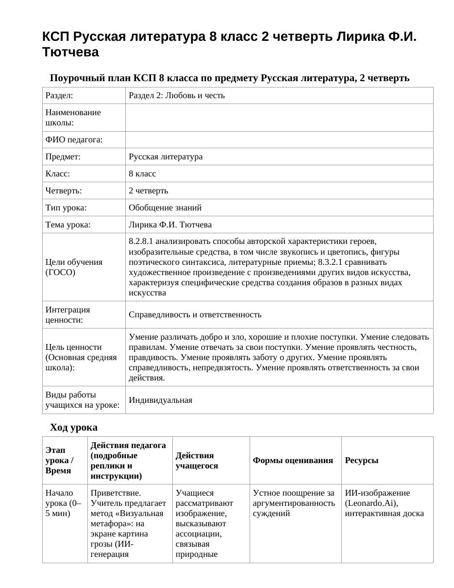 КСП Русская литература 8 класс 2 четверть Лирика Ф.И. Тютчева