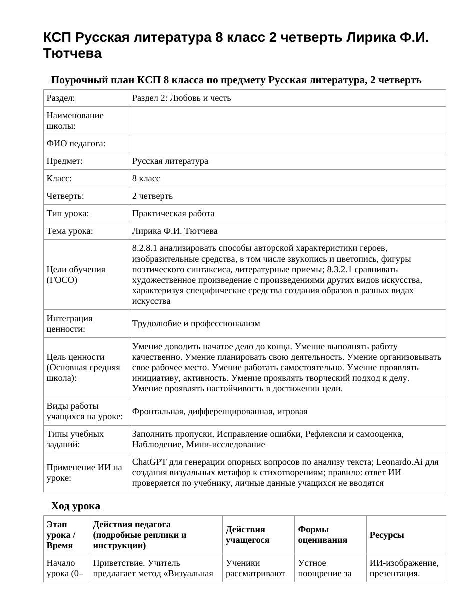 КСП Русская литература 8 класс 2 четверть Лирика Ф.И. Тютчева