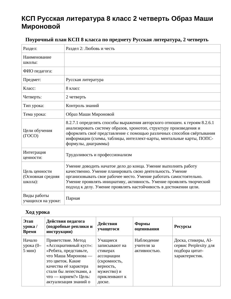 КСП Русская литература 8 класс 2 четверть Образ Маши Мироновой