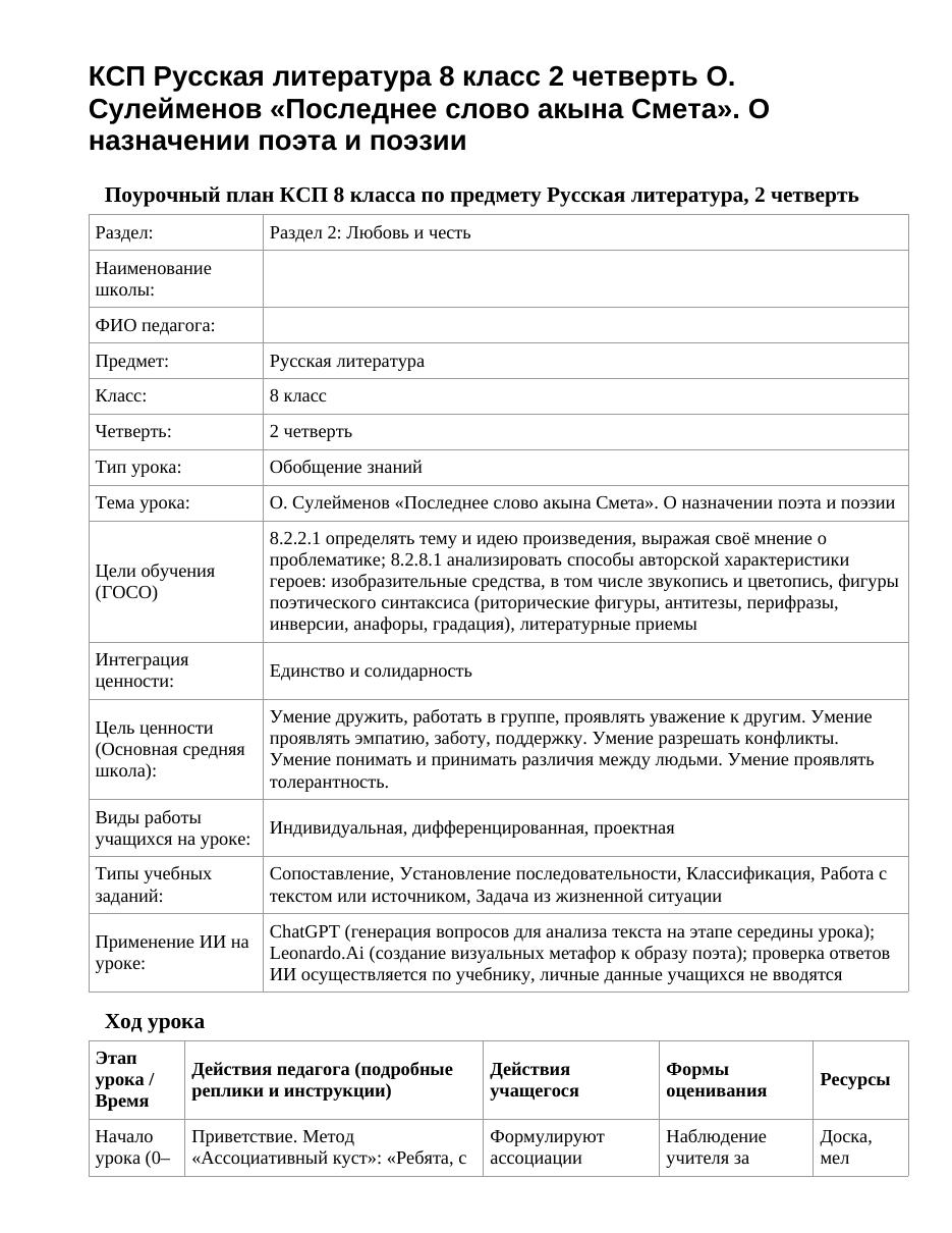 КСП Русская литература 8 класс 2 четверть О. Сулейменов «Последнее слово акына Смета». О назначении поэта и поэзии