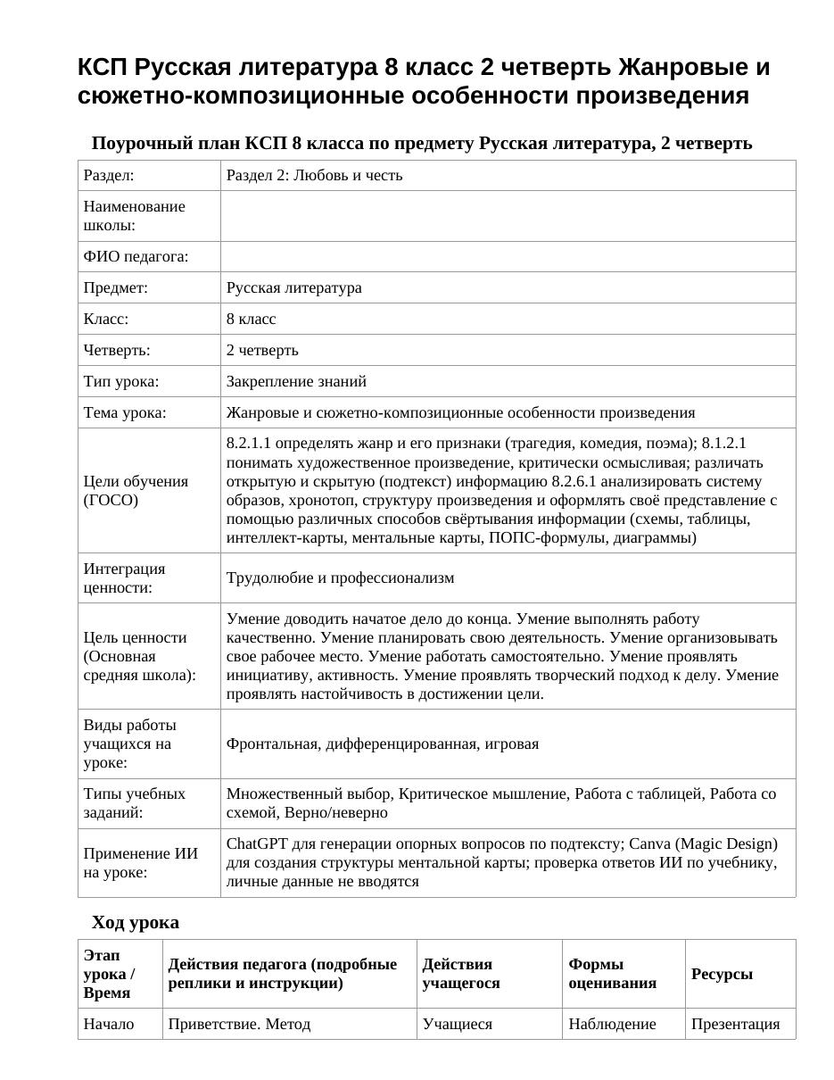 КСП Русская литература 8 класс 2 четверть Жанровые и сюжетно-композиционные особенности произведения
