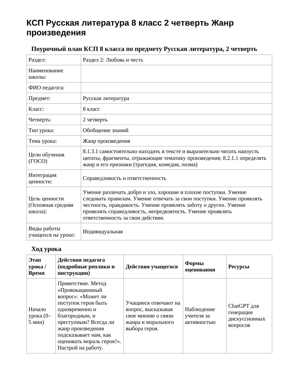 КСП Русская литература 8 класс 2 четверть Жанр произведения