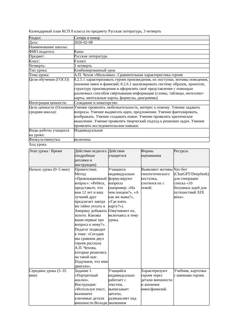 КСП Русская литература 8класс 3четверть А П Чехов Мальчики Сравнительная