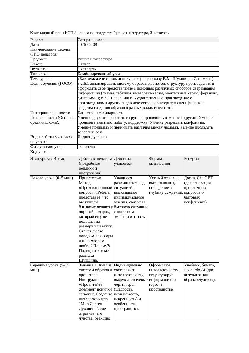 КСП Русская литература 8класс 3четверть Как муж жене сапожки покупал