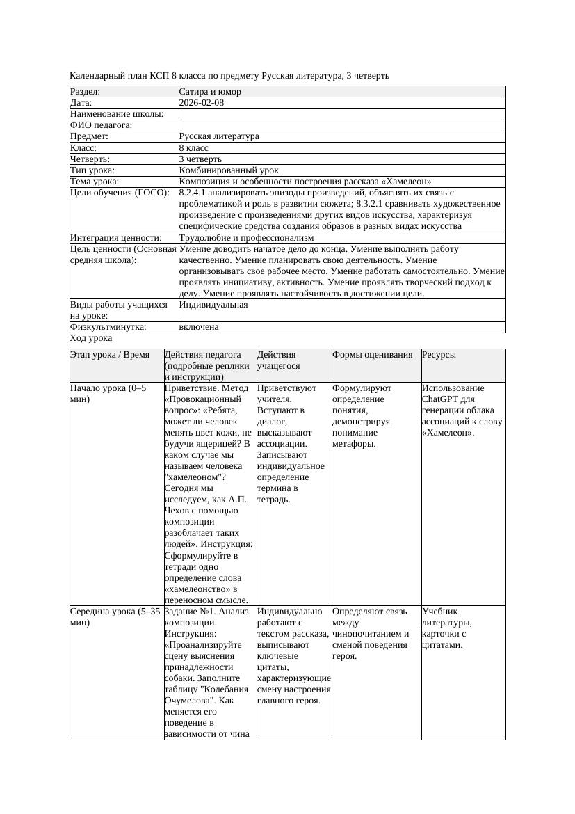 КСП Русская литература 8класс 3четверть Композиция и особенности