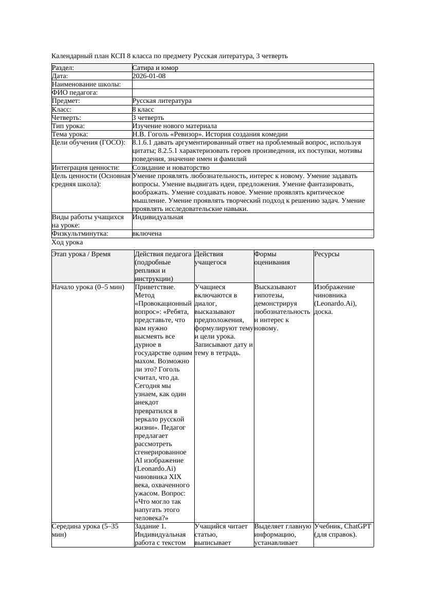 КСП Русская литература 8класс 3четверть Н В Гоголь Ревизор История