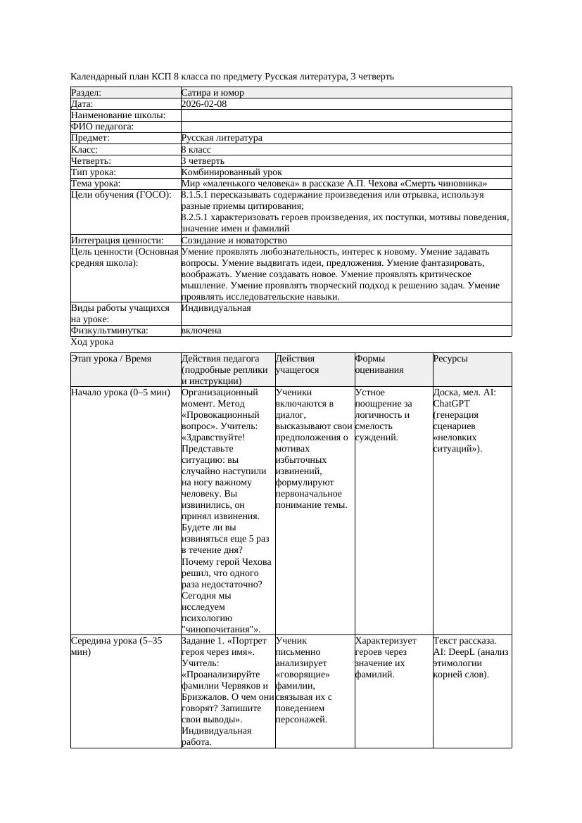 КСП Русская литература 8класс 3четверть Образ маленького человека