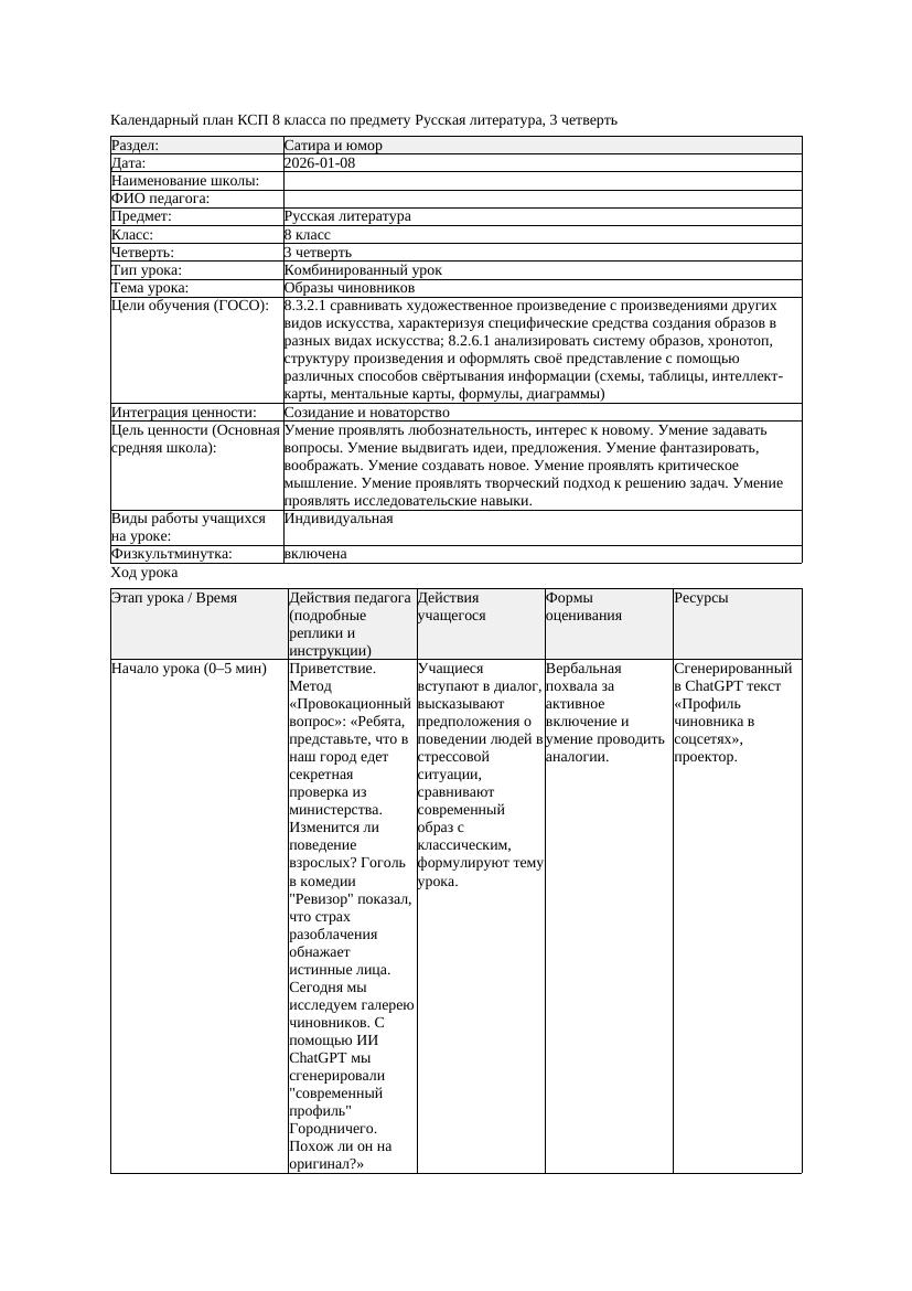 КСП Русская литература 8класс 3четверть Образы чиновников docx