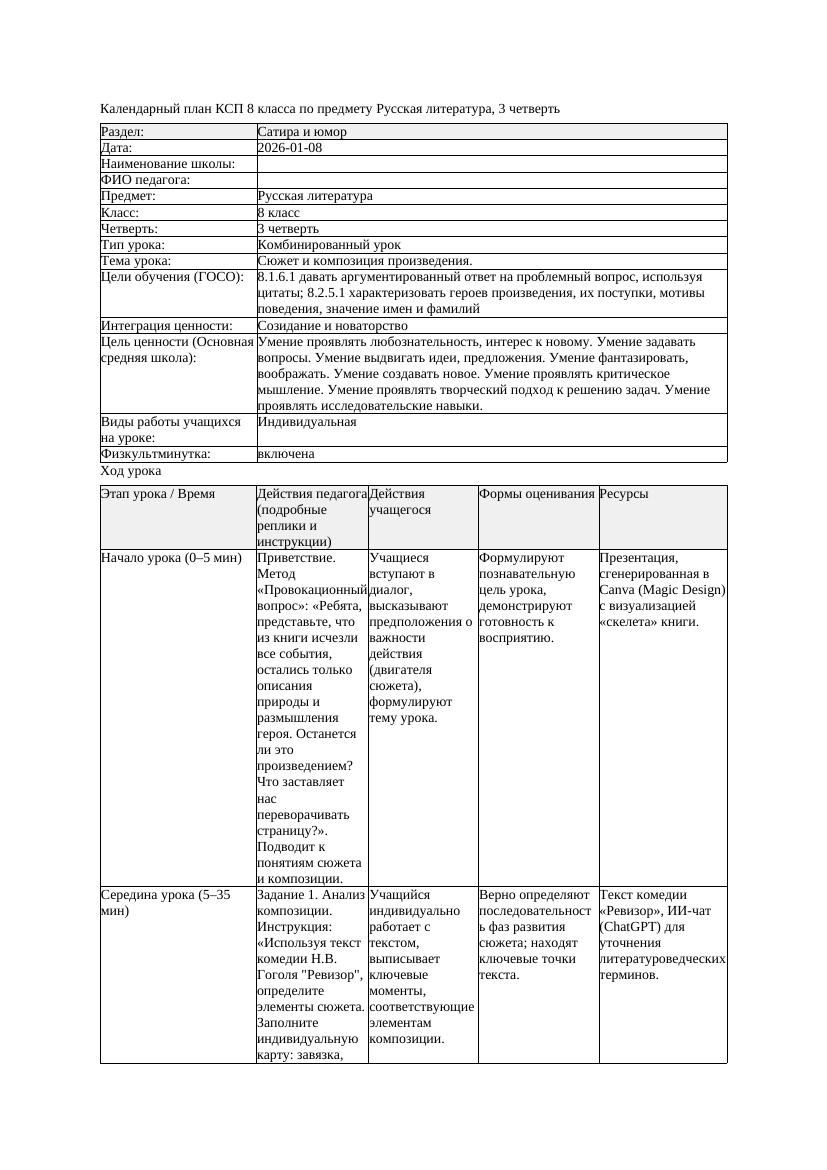 КСП Русская литература 8класс 3четверть Сюжет и композиция произведения