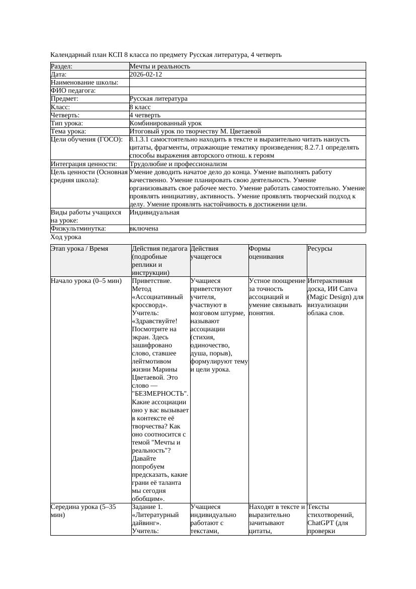 КСП Русская литература 8класс 4четверть Итоговый урок по творчеству