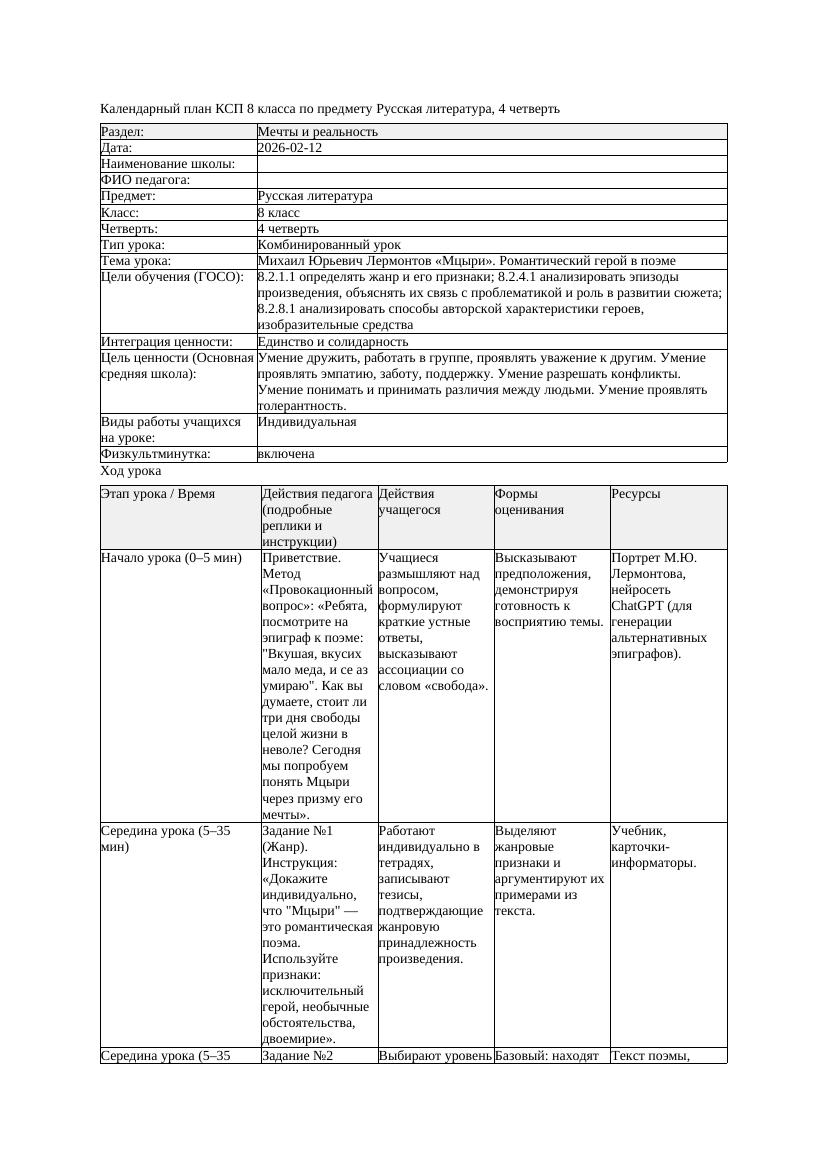 КСП Русская литература 8класс 4четверть Михаил Юрьевич Лермонтов