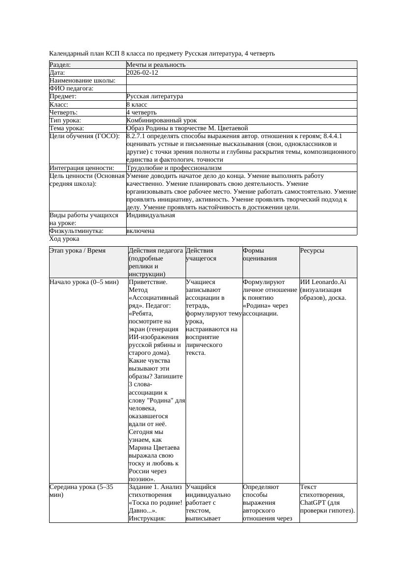 КСП Русская литература 8класс 4четверть Образ Родины в творчестве