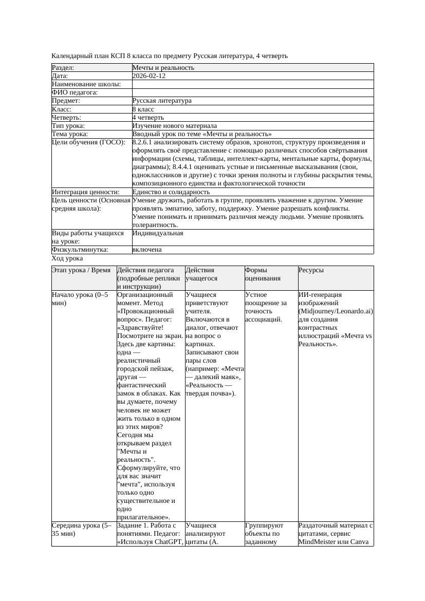 КСП Русская литература 8класс 4четверть Вводный урок по теме Мечты