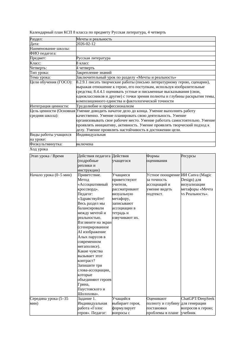 КСП Русская литература 8класс 4четверть Заключительный урок по разделу