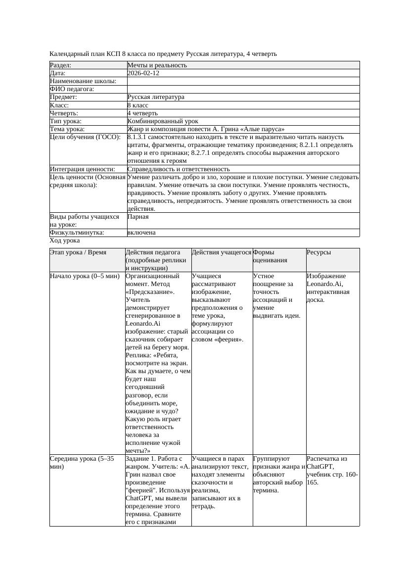 КСП Русская литература 8класс 4четверть Жанр и композиция повести