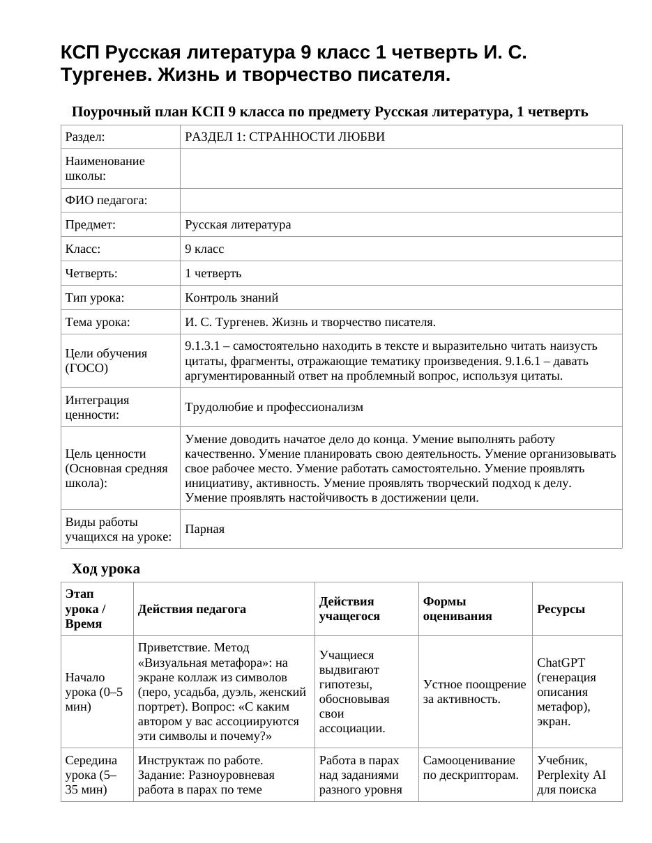 КСП Русская литература 9 класс 1 четверть И. С. Тургенев. Жизнь и творчество писателя.