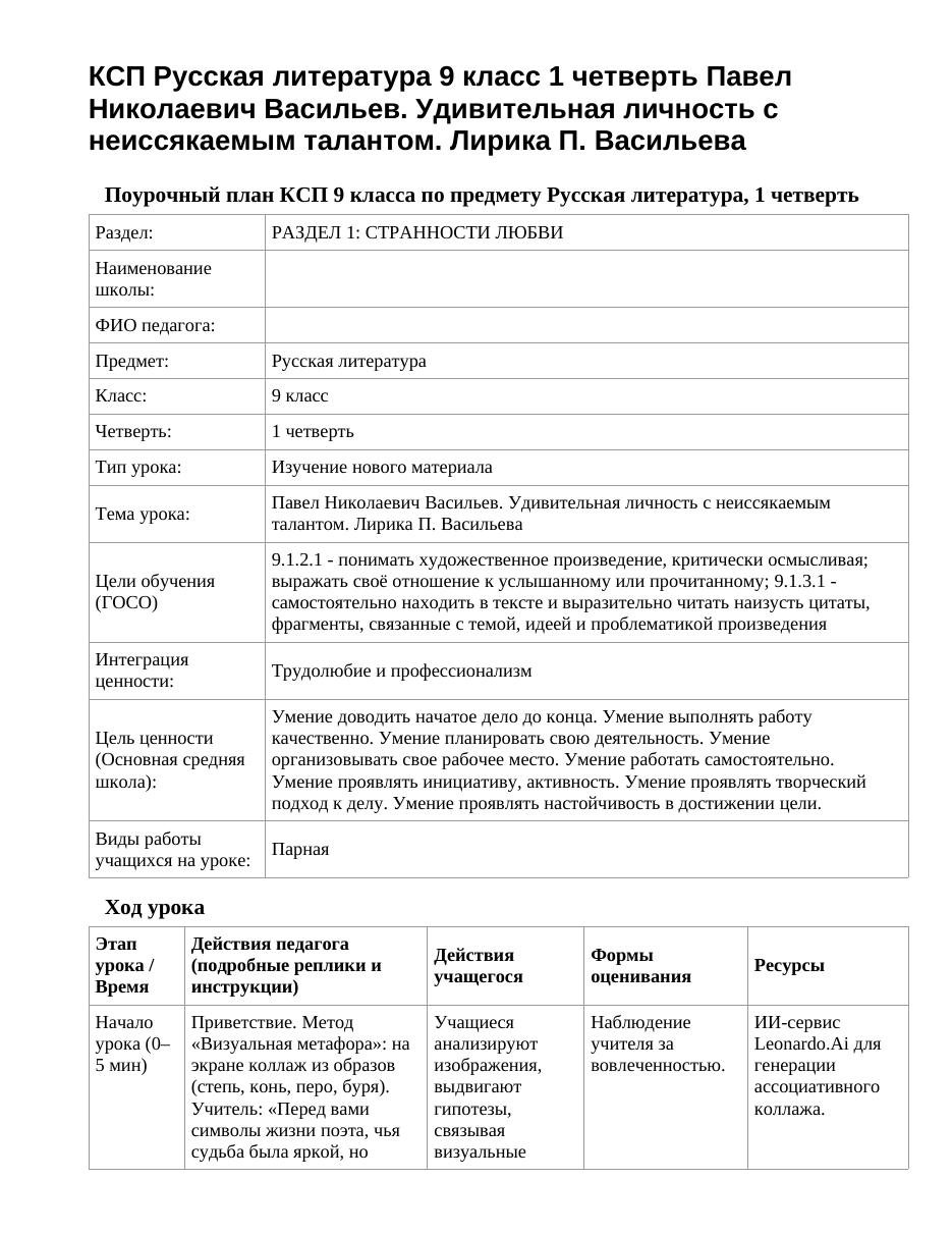 КСП Русская литература 9 класс 1 четверть Павел Николаевич Васильев. Удивительная личность с неиссякаемым талантом. Лирика П. Васильева