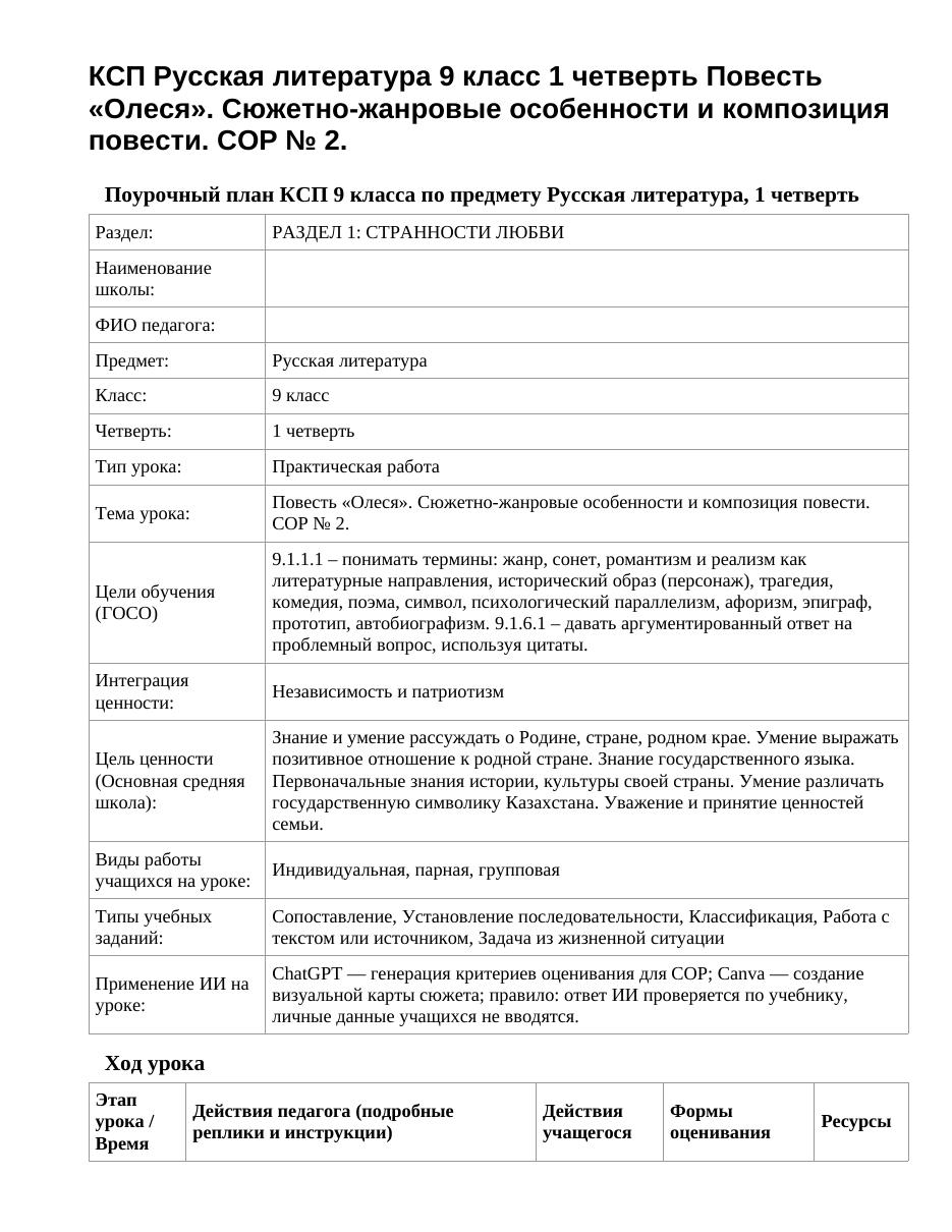 КСП Русская литература 9 класс 1 четверть Повесть «Олеся». Сюжетно-жанровые особенности и композиция повести. СОР № 2.