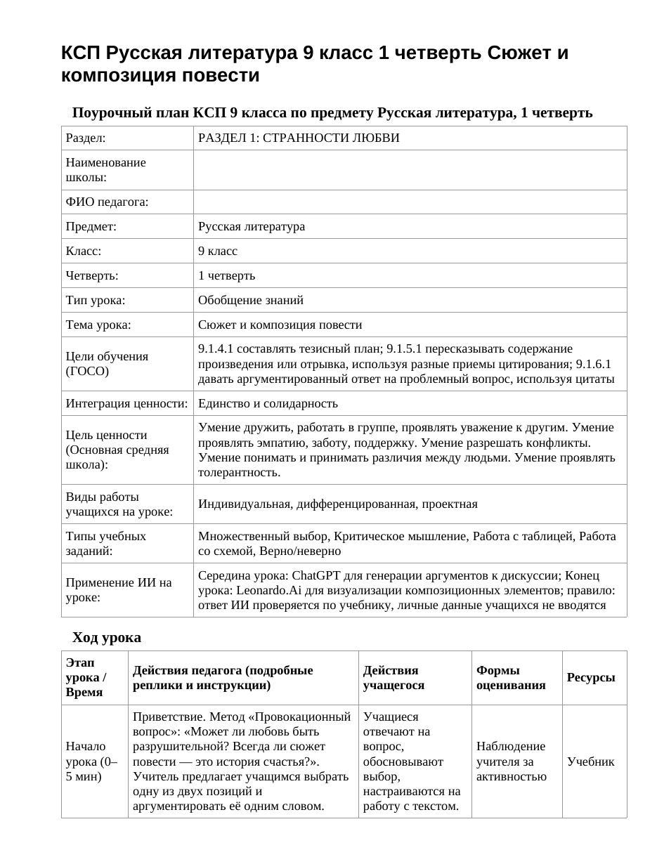 КСП Русская литература 9 класс 1 четверть Сюжет и композиция повести