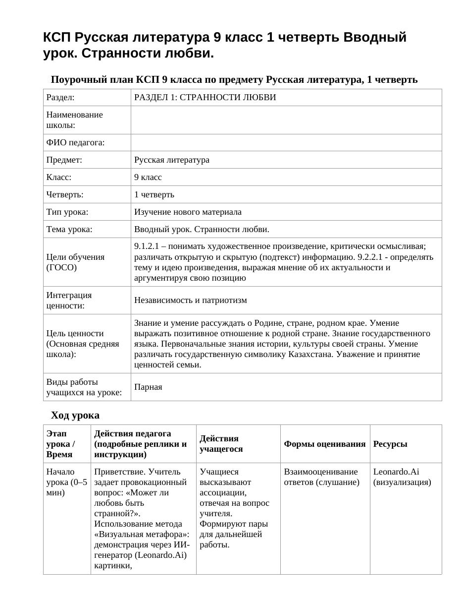 КСП Русская литература 9 класс 1 четверть Вводный урок. Странности любви.