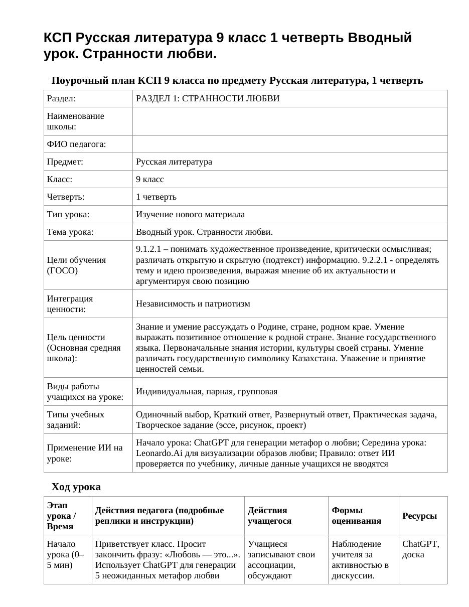 КСП Русская литература 9 класс 1 четверть Вводный урок. Странности любви.
